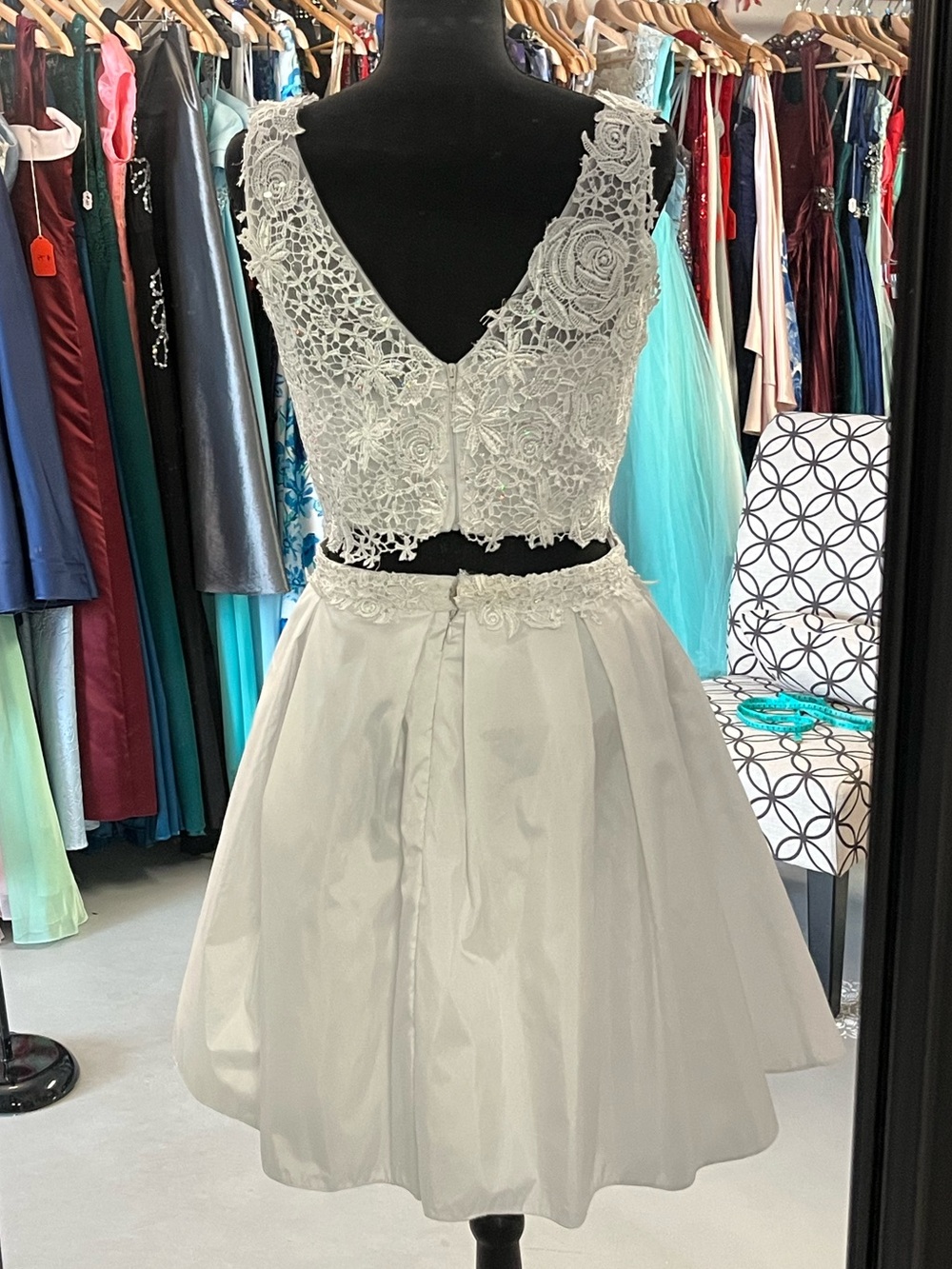 White Lace Crop Top & Full Skirt Prom Dress - Elegant Two-Piece - Picture 2 of 4
